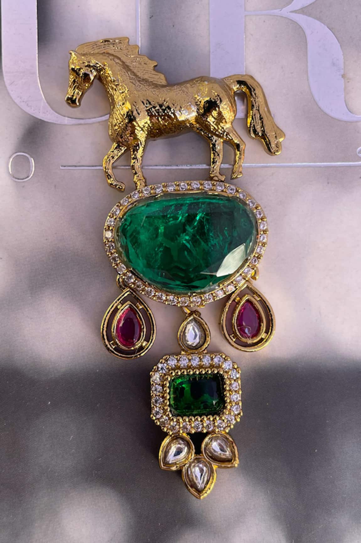 Saga Jewels Horse & Emerald Cabochon Studded Brooch