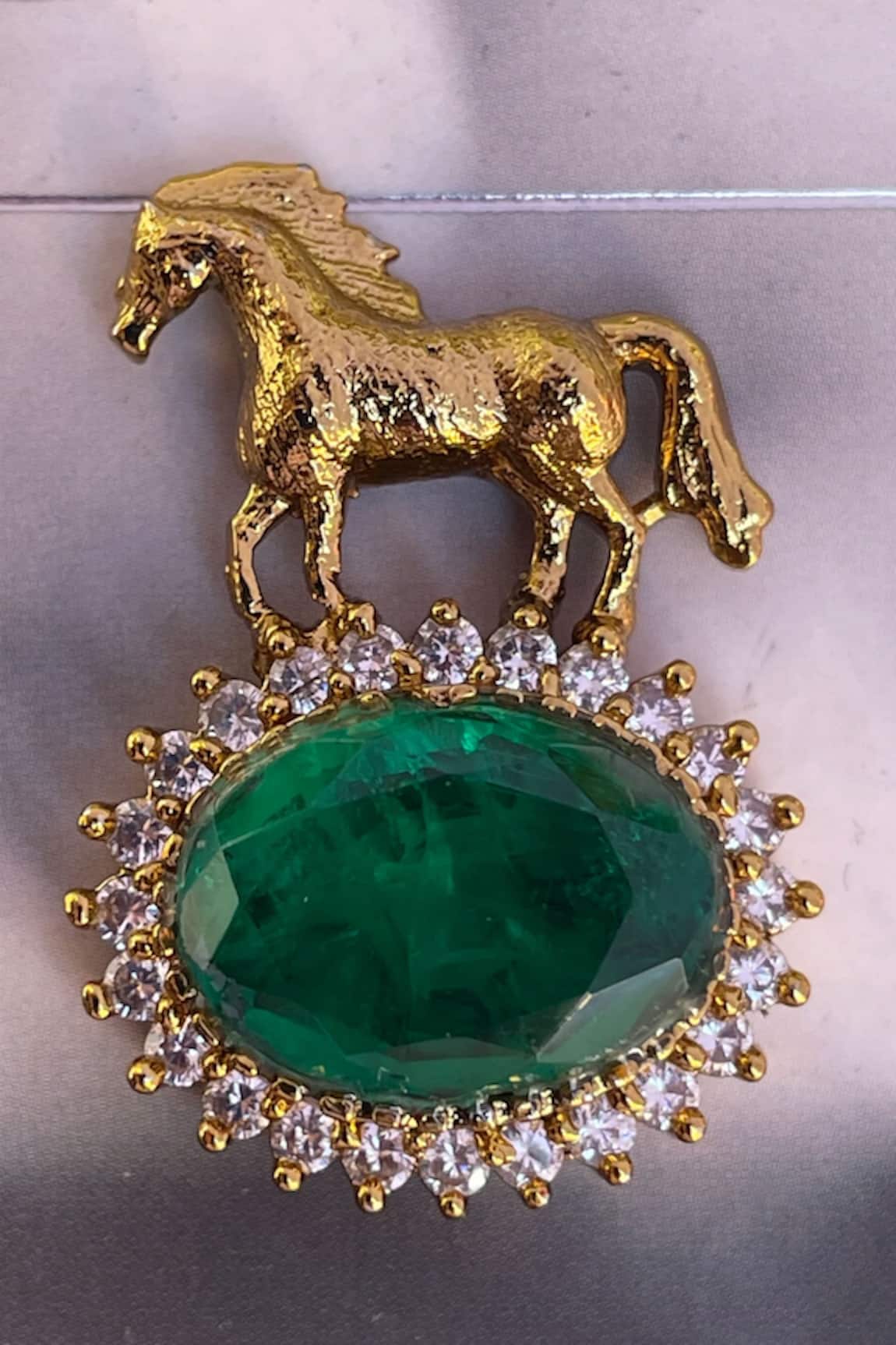 Saga Jewels Horse Motif Oval Emerald Brooch
