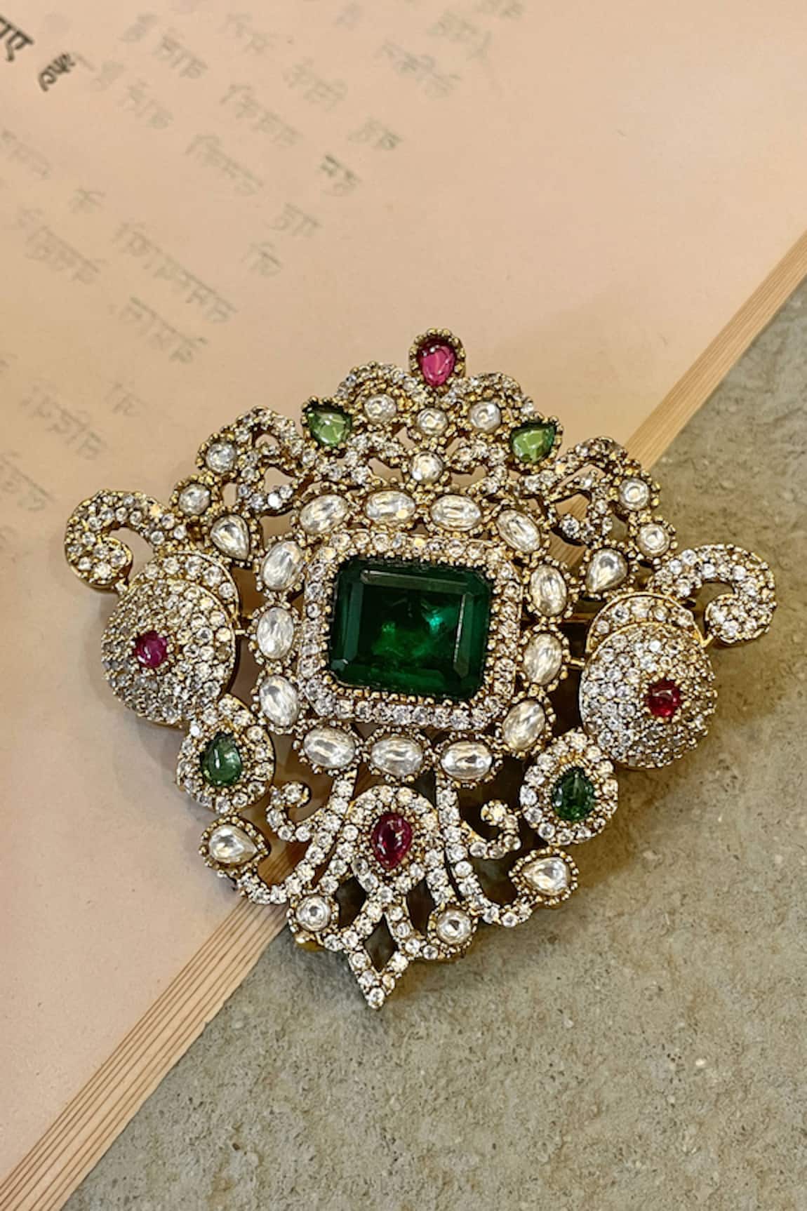 Saga Jewels Emerald Square Polki & Zircon Brooch 