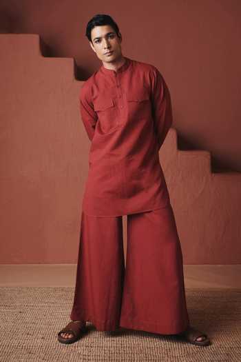 Saphed Brick Cotton Linen Saif Kurta Set 