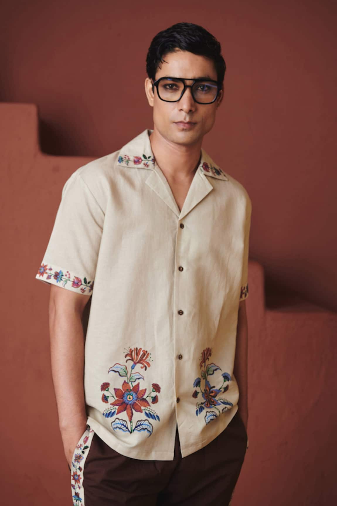 Saphed Beige Chintz Print Camp Collar Shirt