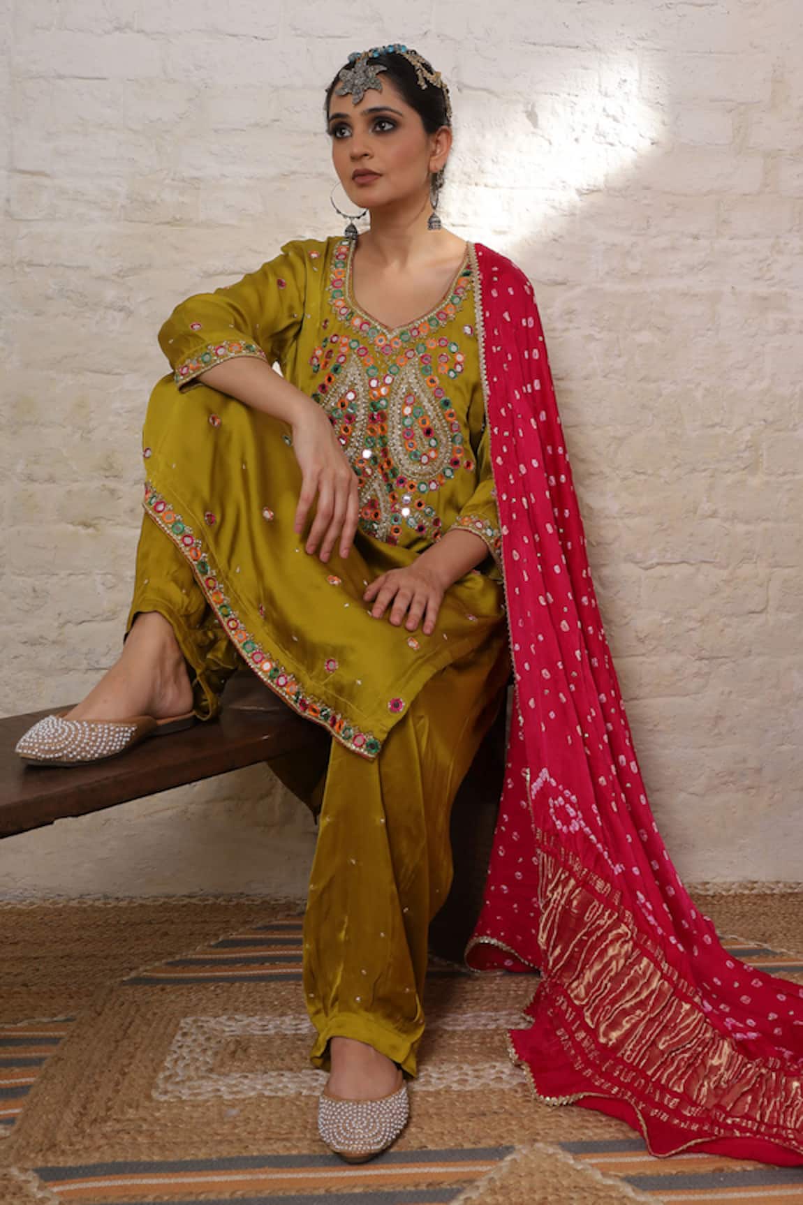 Sheeshakari Paisley Mirror Work Kurta Salwar & Bandhani Dupatta 