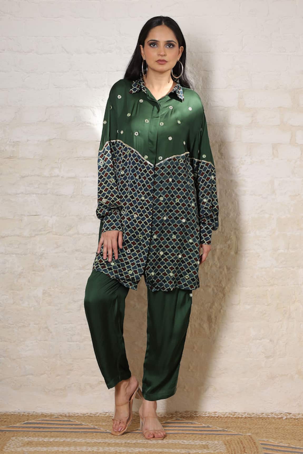Sheeshakari Ajrakh Hand Print & Embroidered Shirt Pant Set 