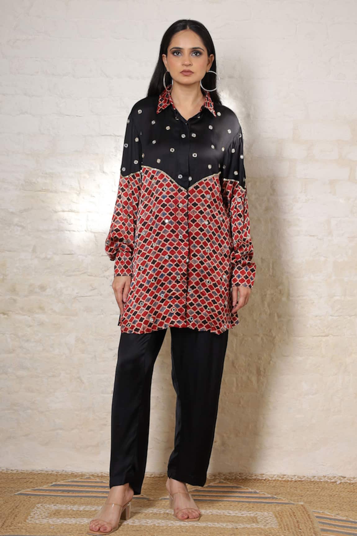 Sheeshakari Ajrakh Hand Print & Embroidered Shirt Pant Set 