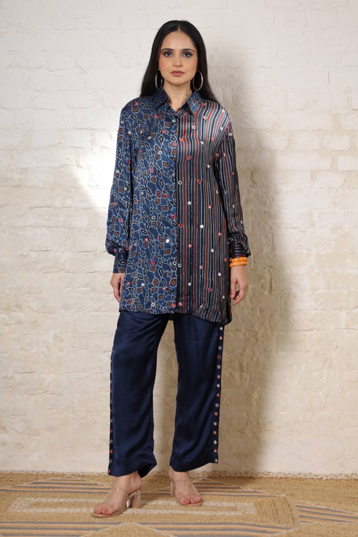 Sheeshakari Ajrakh Hand Print & Embroidered Shirt Pant Set 