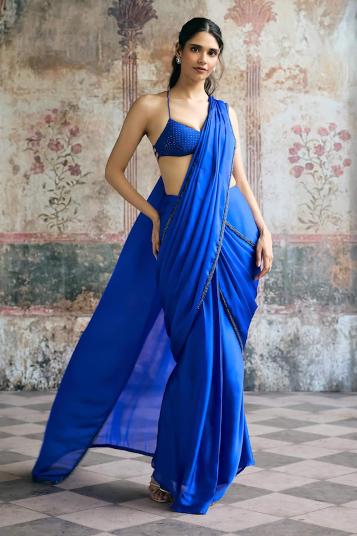 SAANJH BY LEA Naina Pre-Draped Saree With Rhinestone Blouse