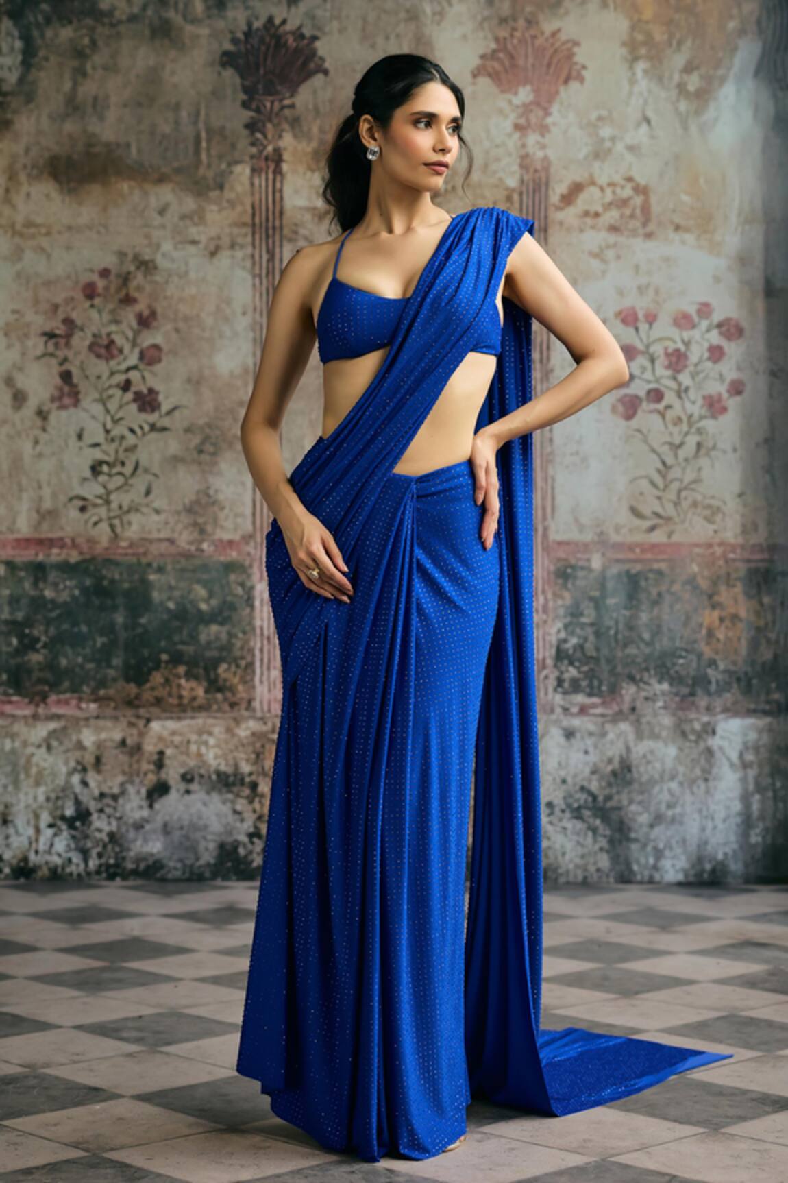 SAANJH BY LEA Neel Rhinestone Pre-Draped Saree With Blouse