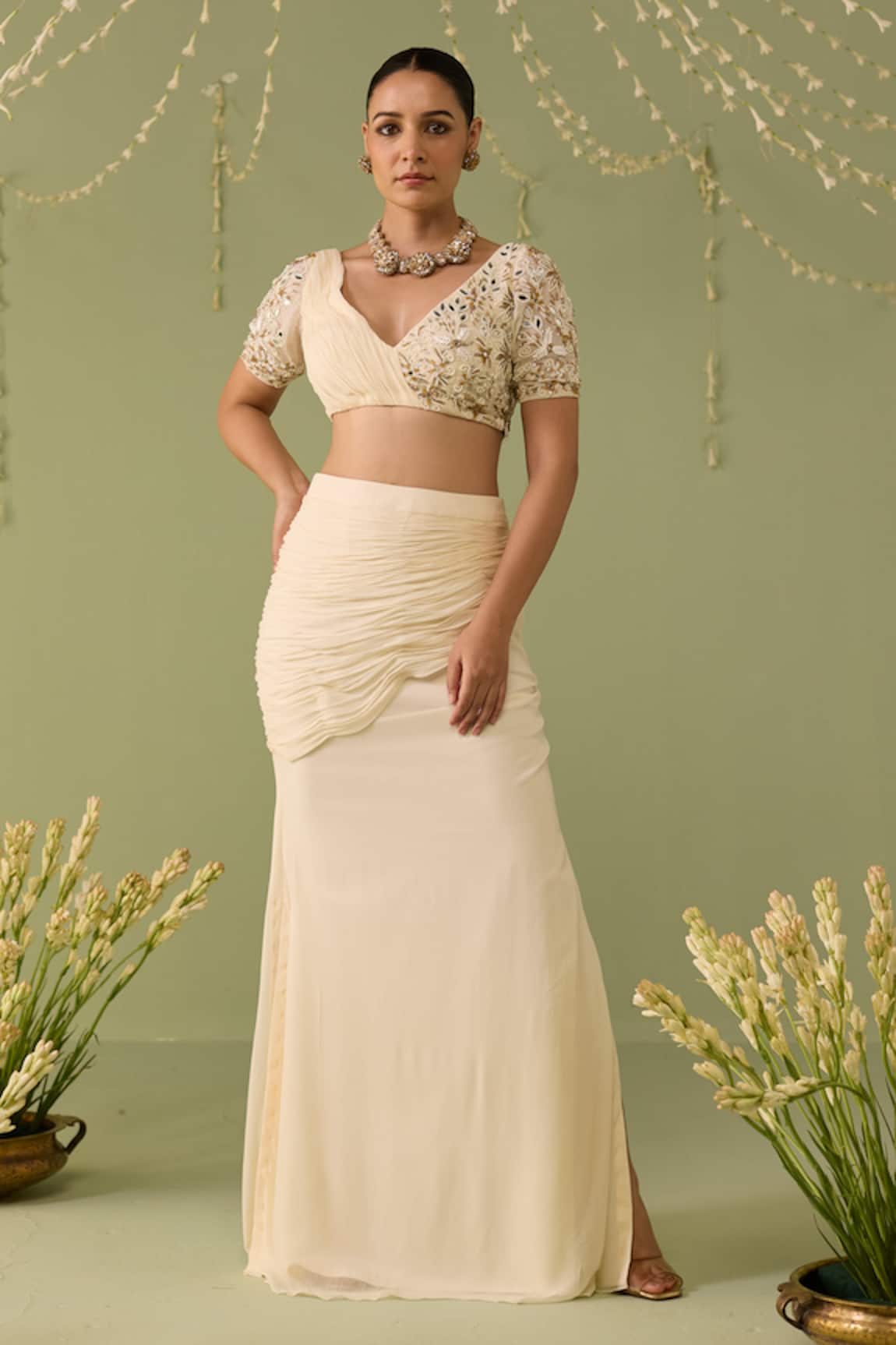 Meesa White Embroidered Skirt With Blouse