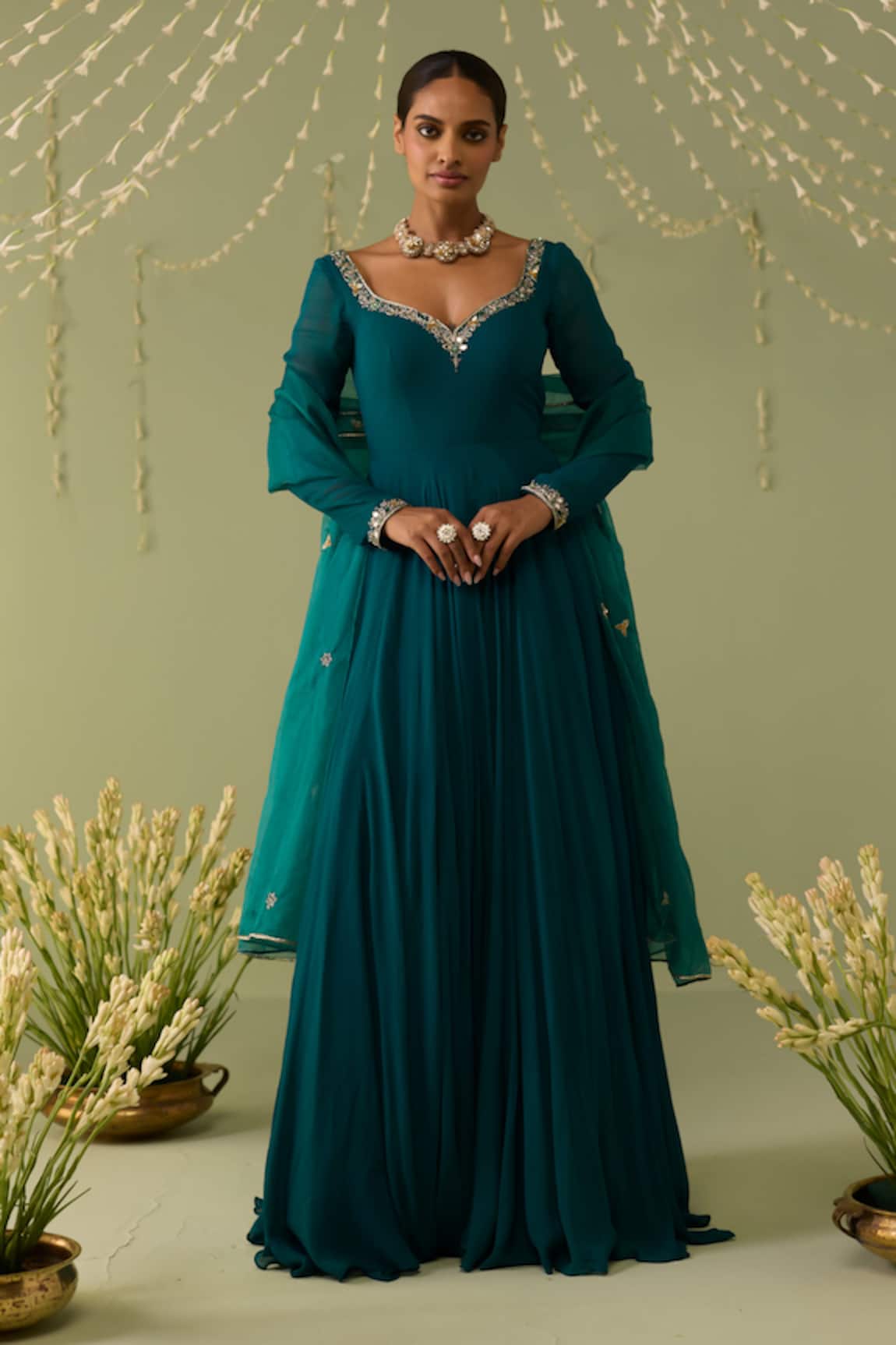 Meesa Embroidered Neck Anarkali With Dupatta