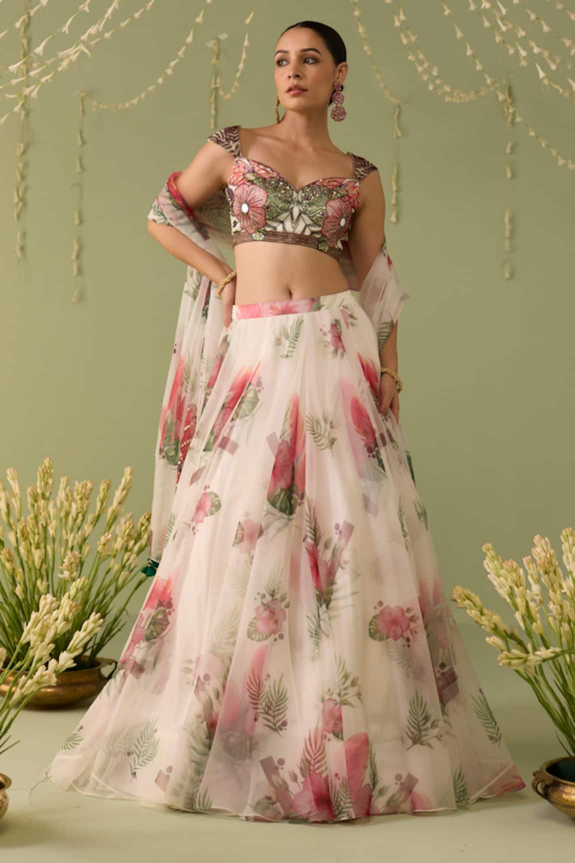 Meesa White Printed Organza Lehenga Set