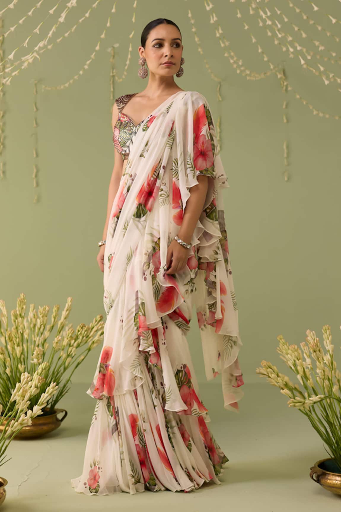 Meesa Printed Pre-Draped Saree With Blouse