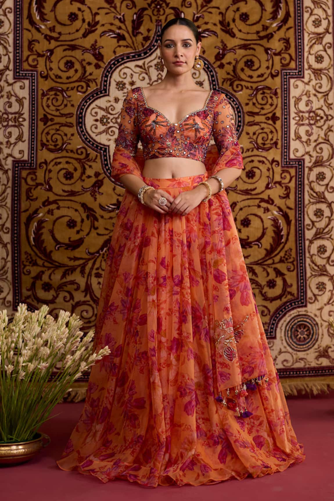 Meesa Orange Floral Organza Lehenga Set
