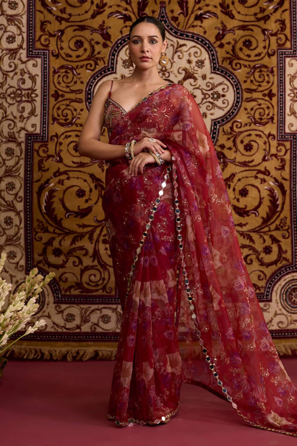 Meesa Floral Print Organza Saree With Blouse