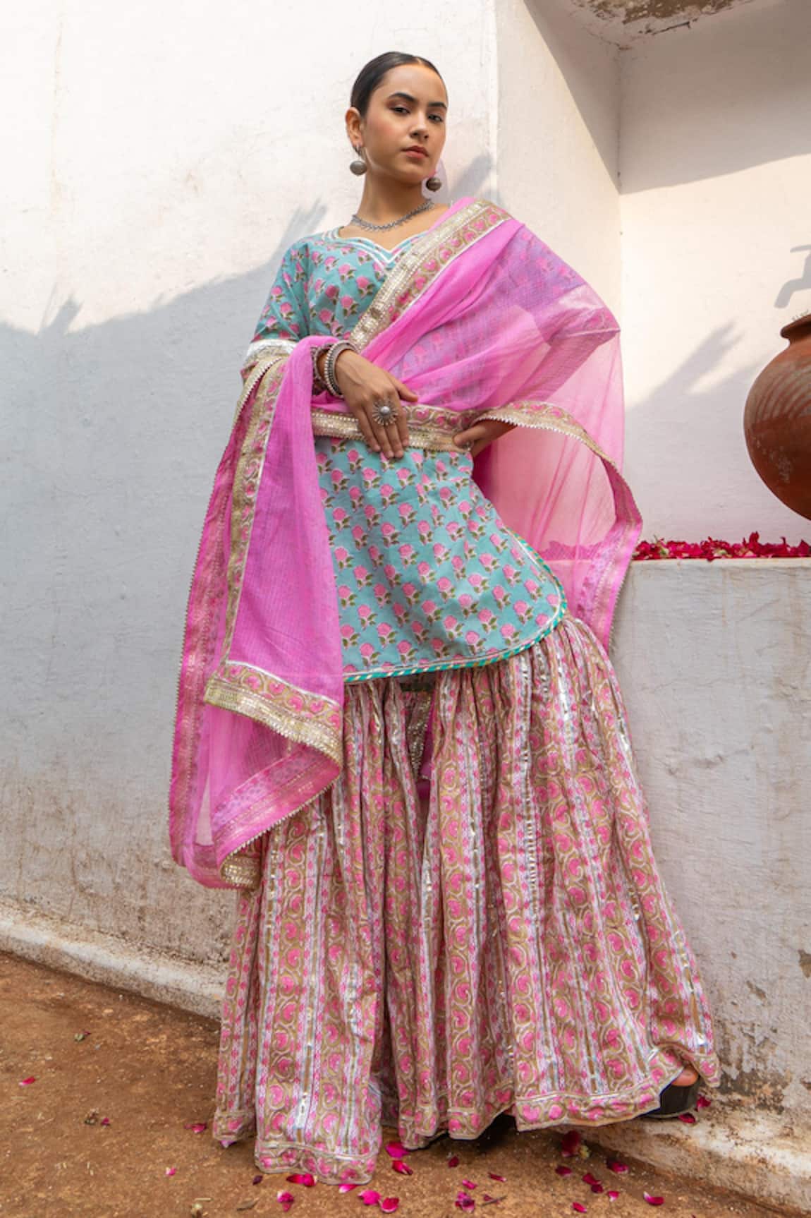 Maison Shefali Hand Block Print Gota Kurta Sharara Set 