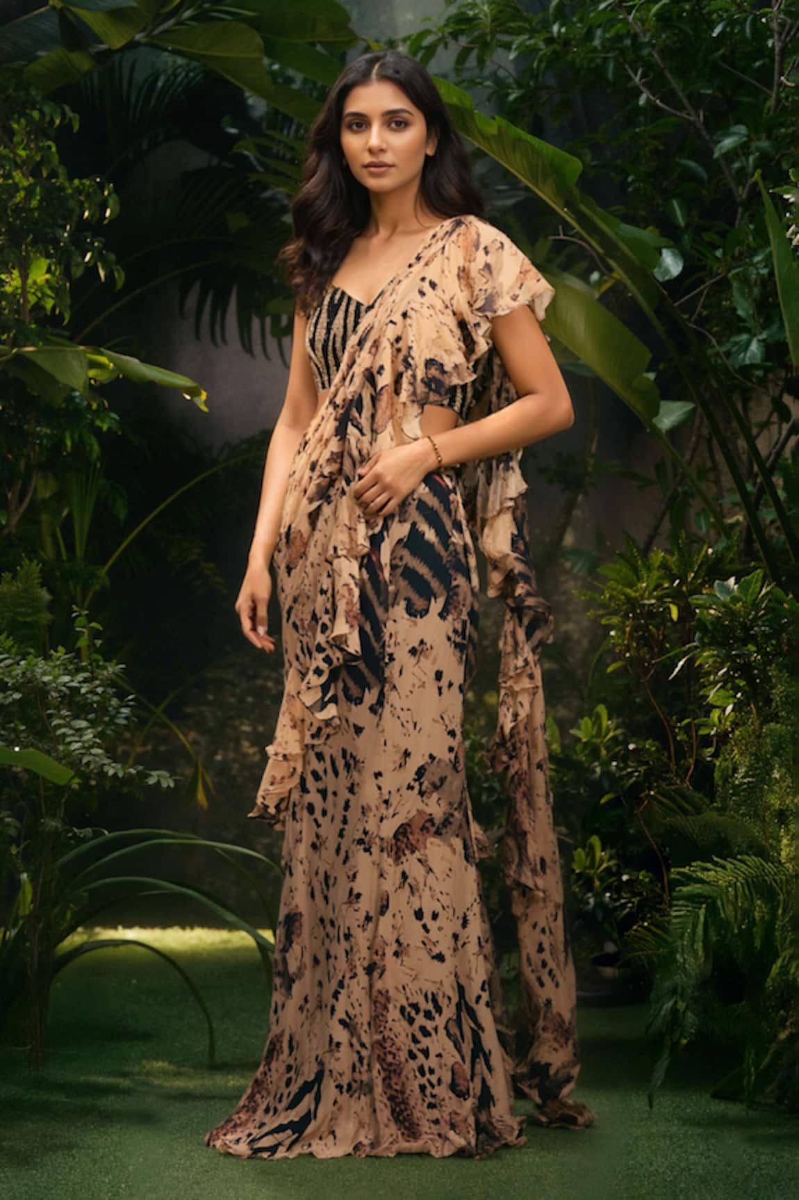 Aza X Shilpa Shetty Kundra Animal Print Pre-Draped Saree With Blouse 