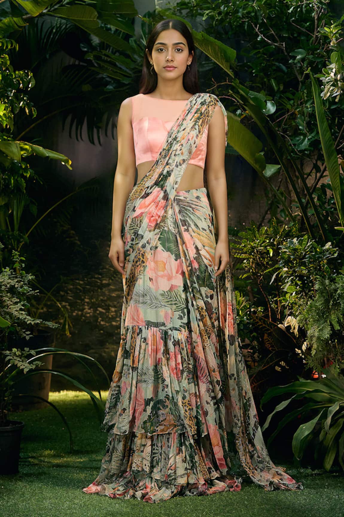 Aza X Shilpa Shetty Kundra Botanical Print Pre-Draped Layered Saree With Blouse