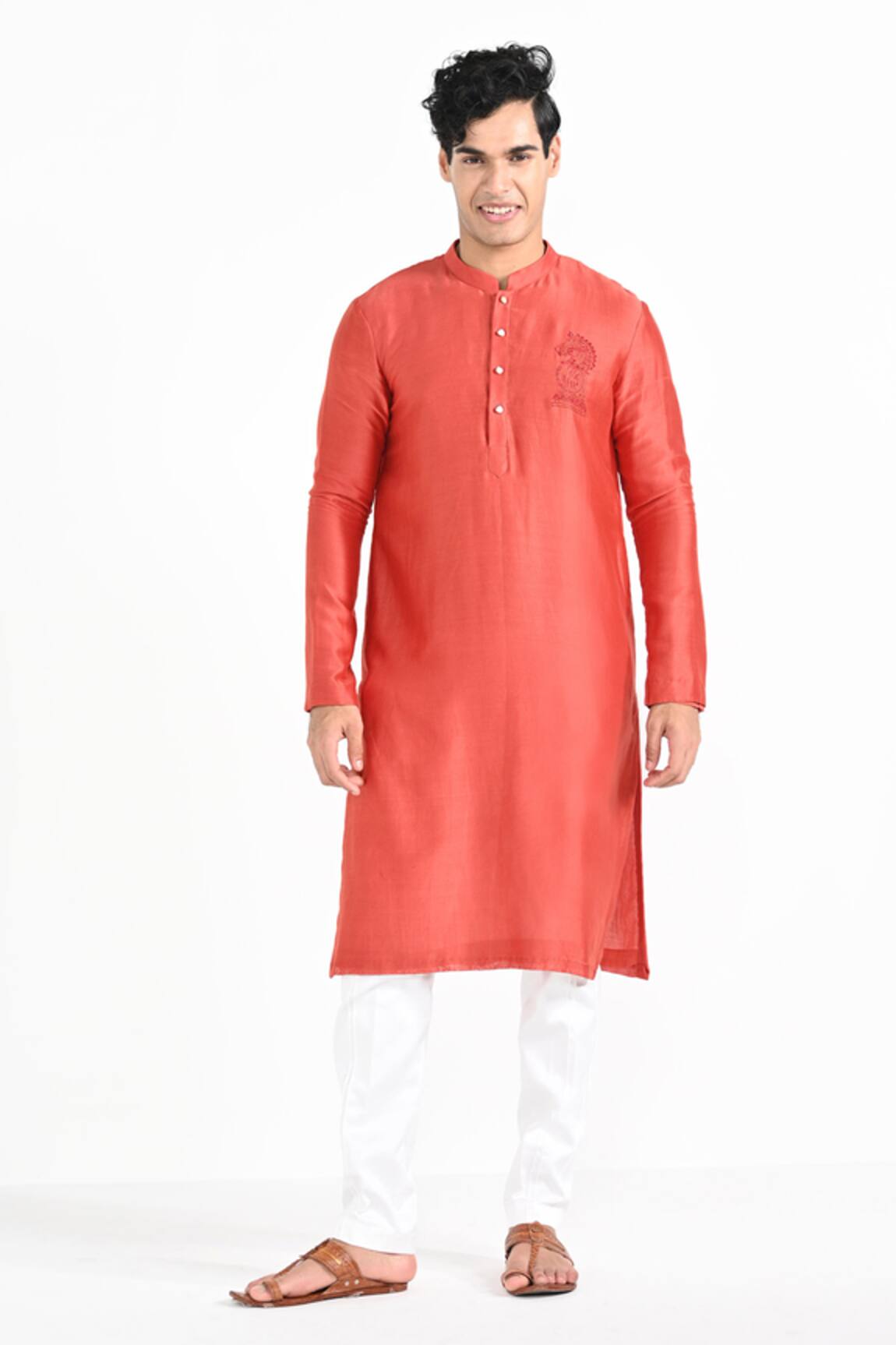 Kalpana Naik Tangy Orange Chanderi Hand Embroidered Kurta Set 