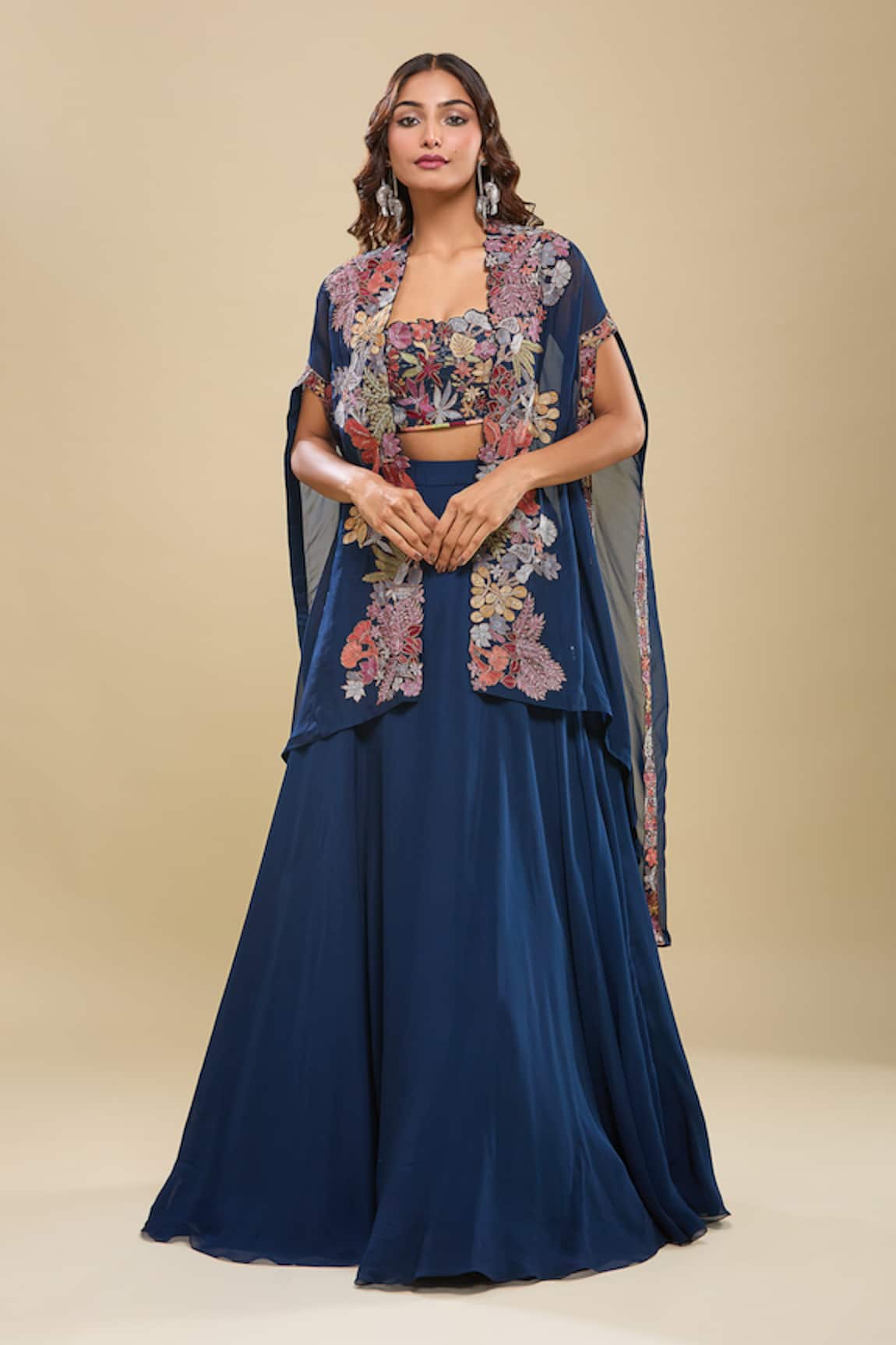 Mishru Navy Blue Pleated Cape Skirt Set