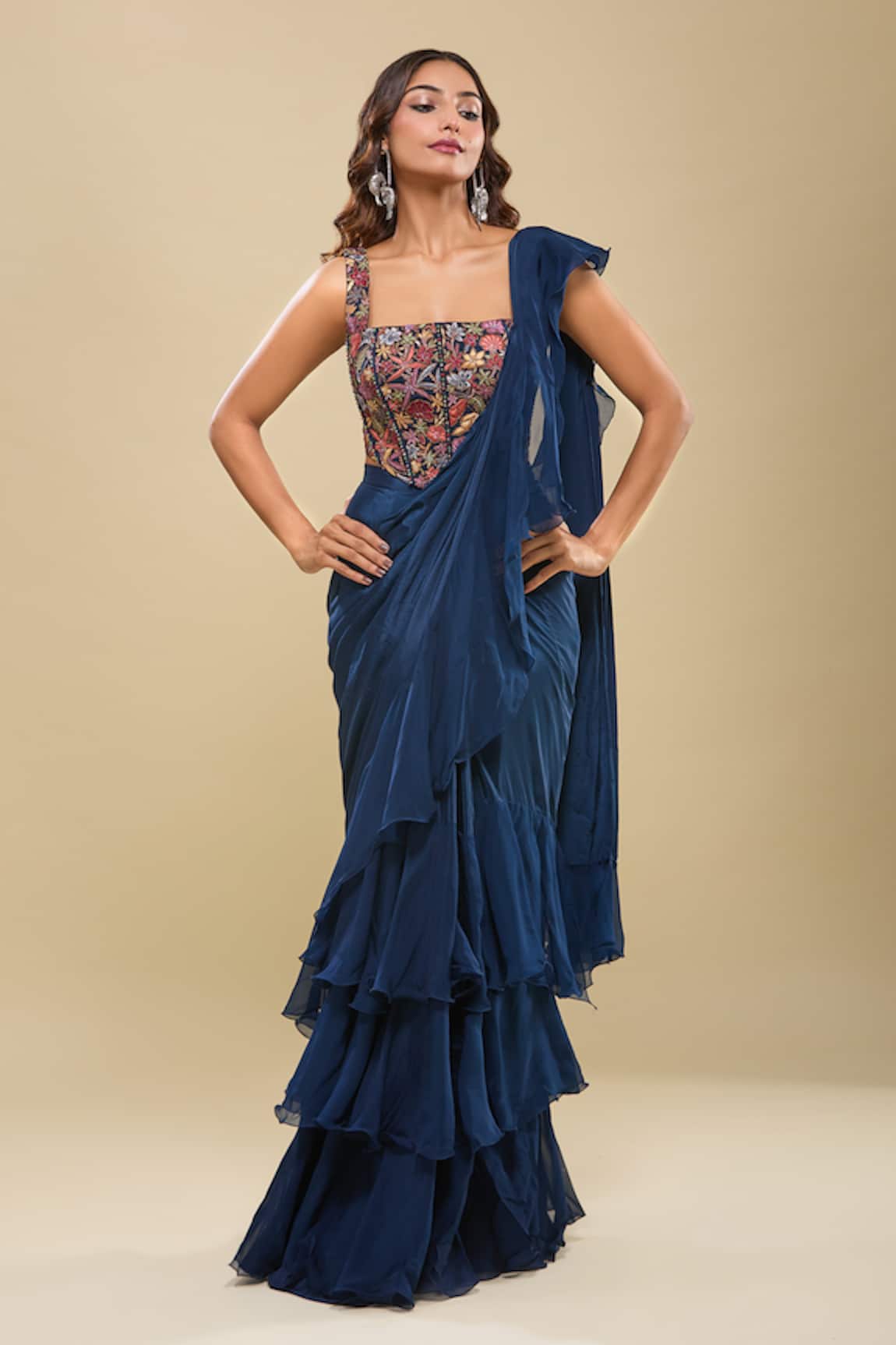 Mishru Embroidered Corset & Ruffled Pre-Draped Saree