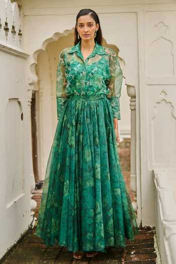 Dash And Dot Printed Organza Maxi Skirt 