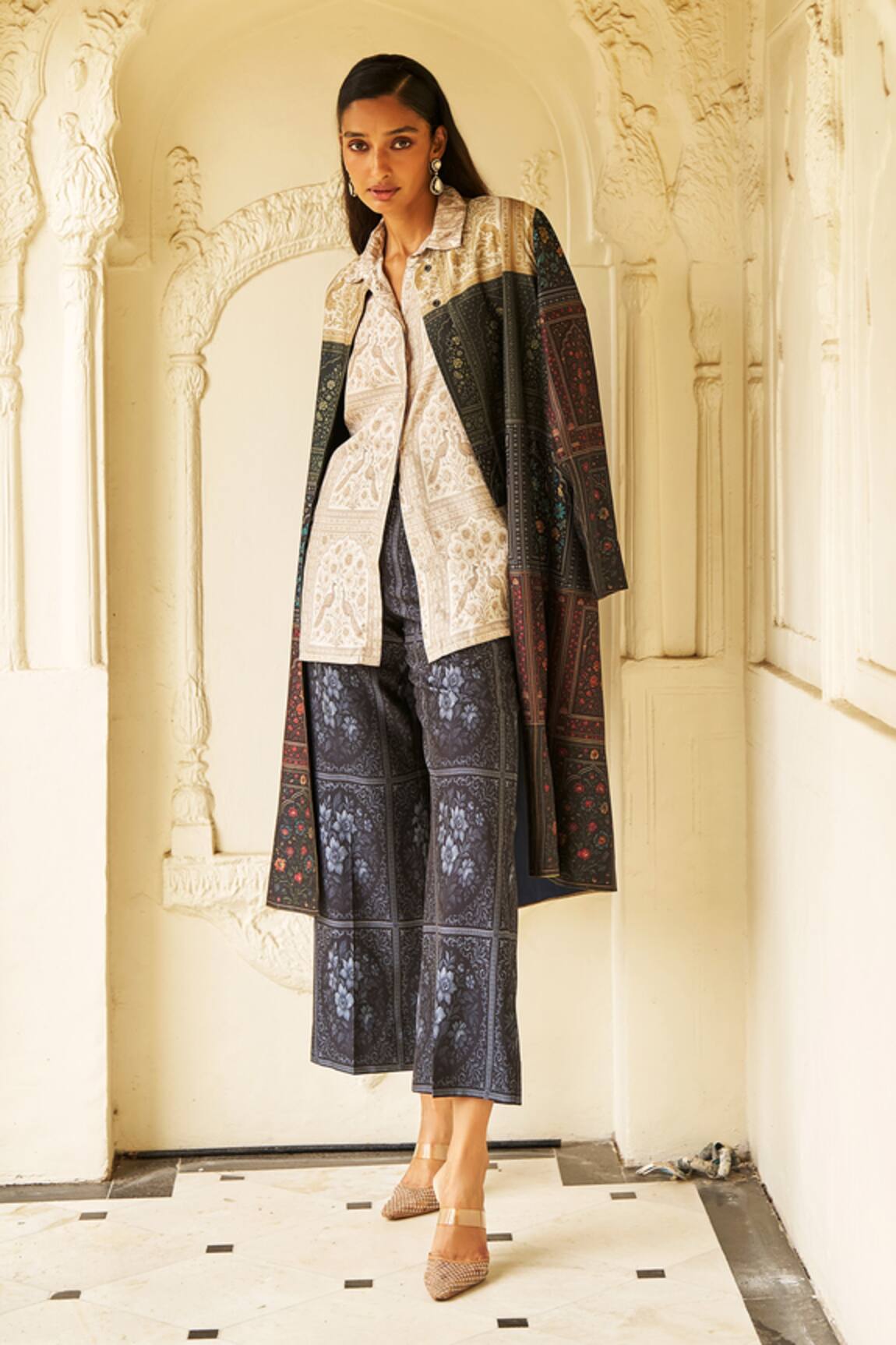 Dash And Dot Mughal Print Longline Jacket Set 