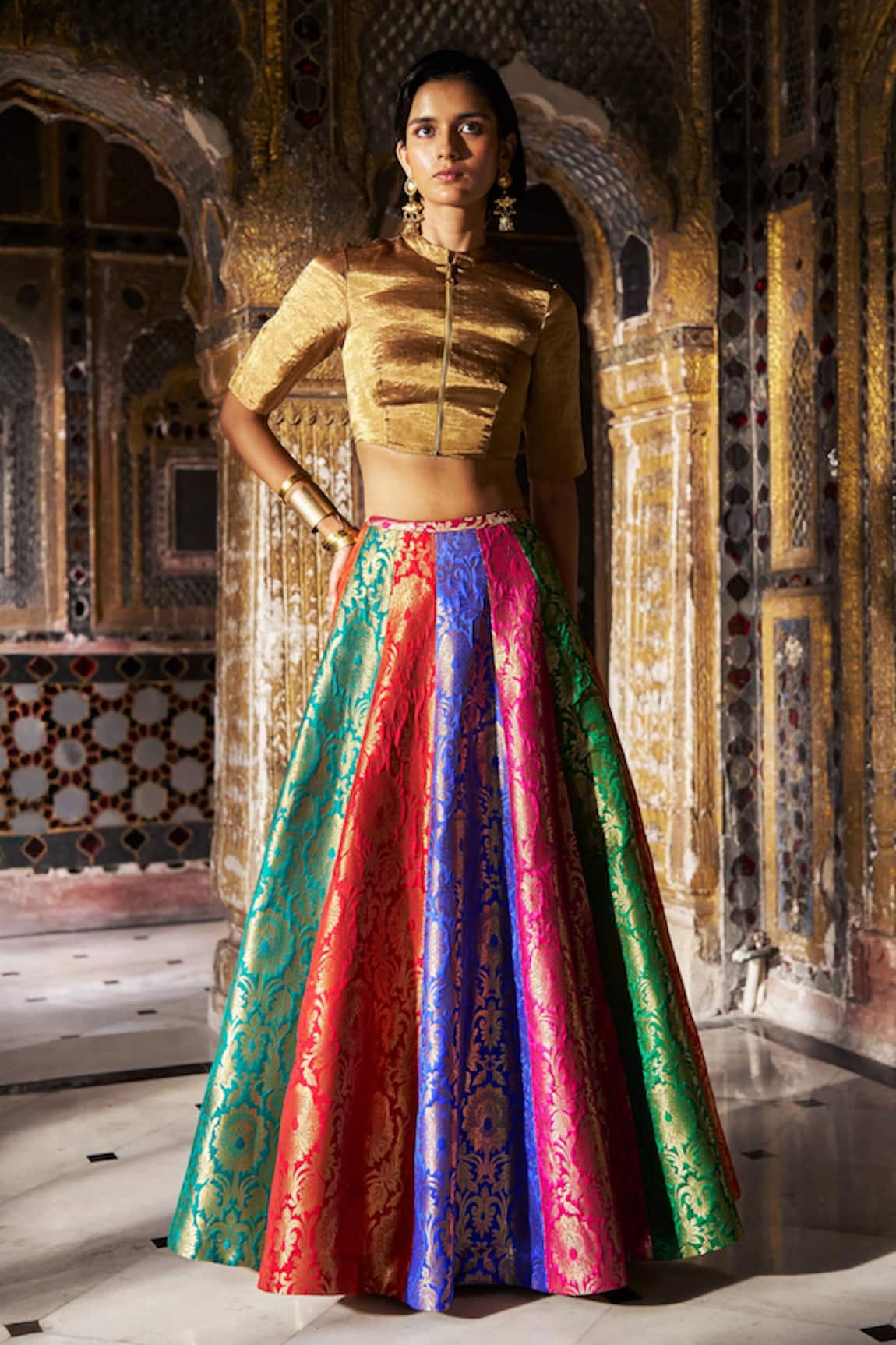Dash And Dot Banaras Brocade Multicolour Flared Skirt 