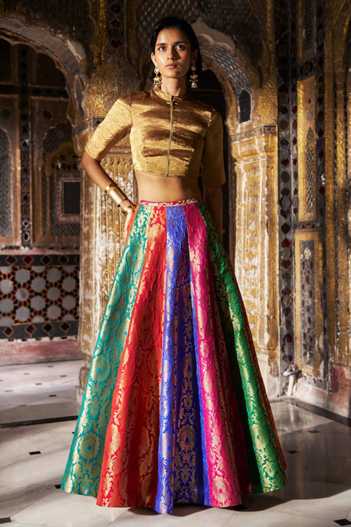 Dash And Dot Banaras Multicolour Flared Skirt Set