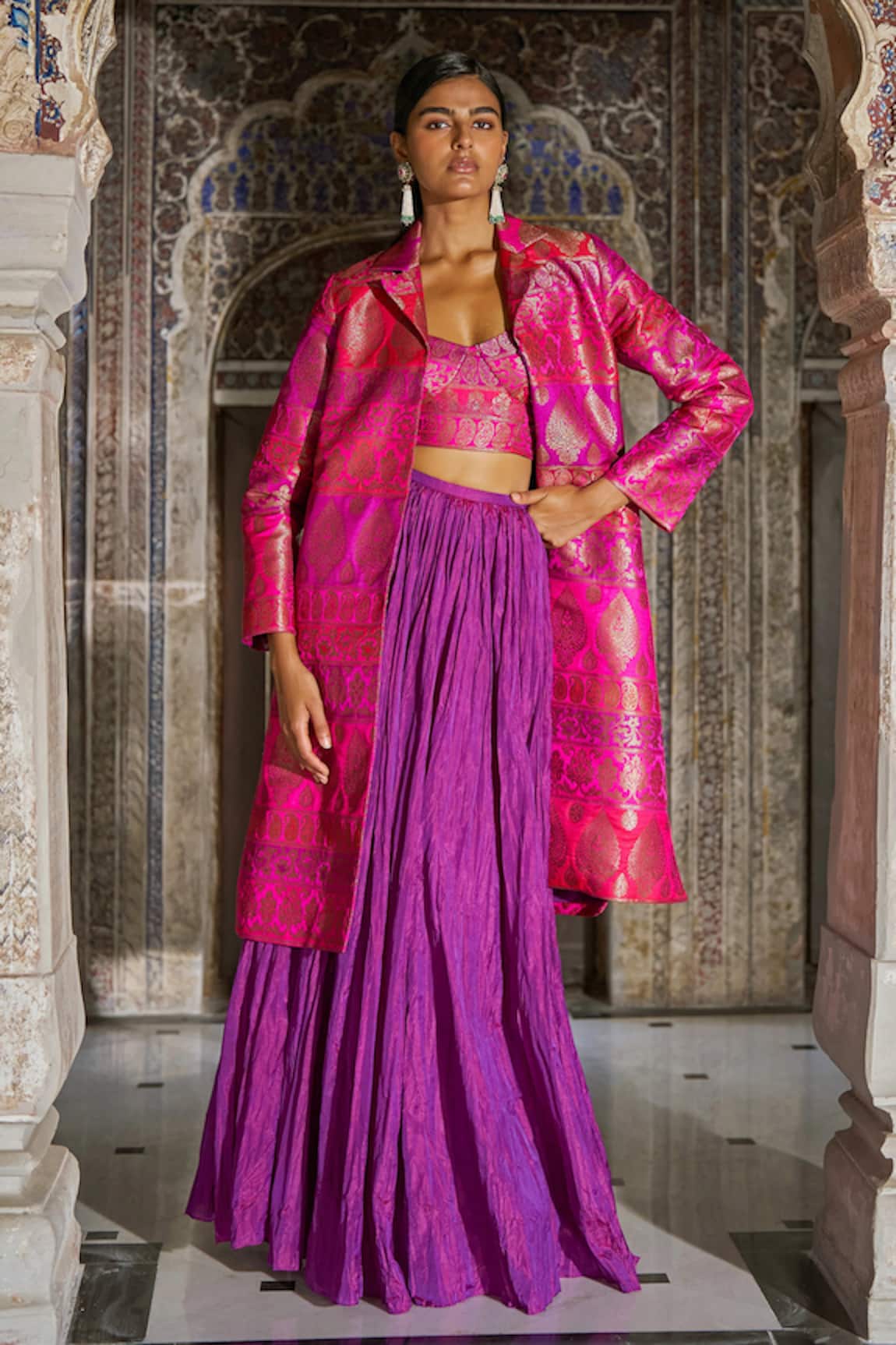 Dash And Dot Banaras Silk Brocade Longline Jacket 
