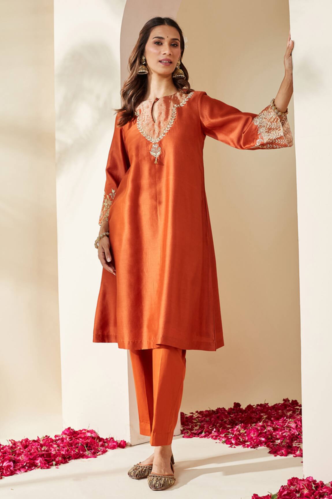 Mushio Orange Embroidered Chanderi Svara Kurta