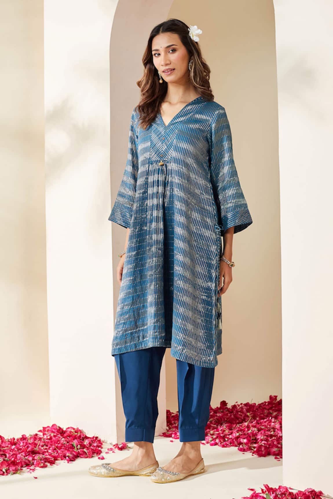 Mushio Dark Blue Zari Stripe Embellished Pranita Kurta