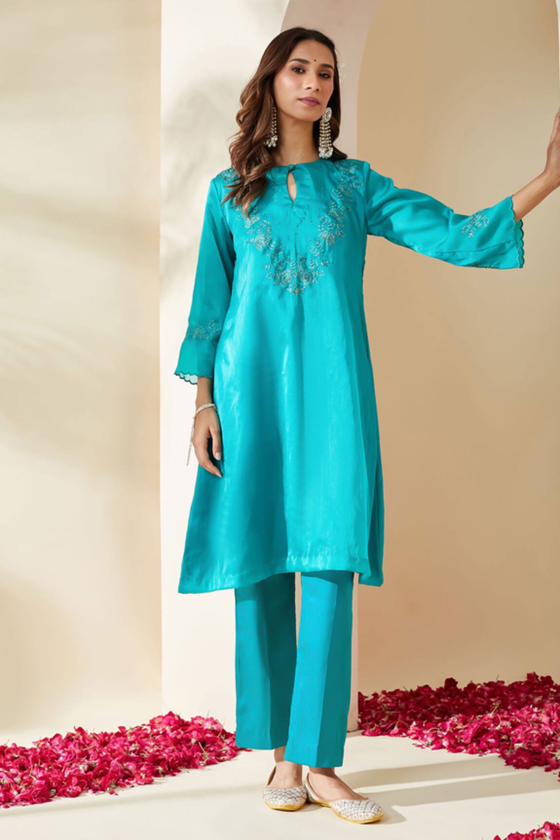 Mushio Turquoise Embroidered Organza Ruksaar Kurta