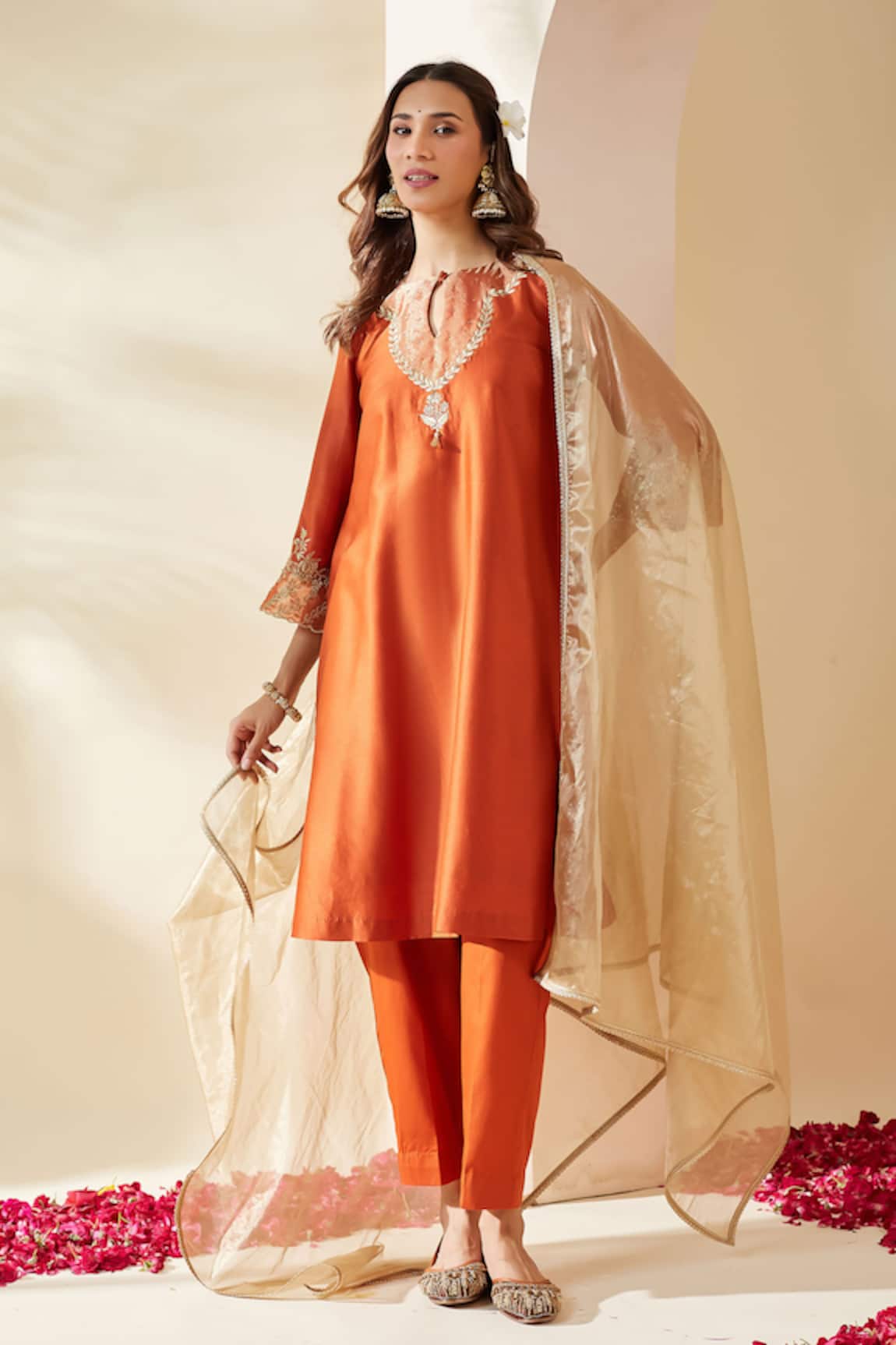 Mushio Orange Embroidered Chanderi Svara Kurta Set