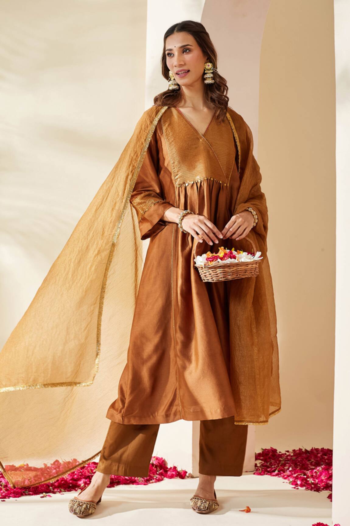 Mushio Brown Hand Embellished Chanderi Zohra Kurta Set