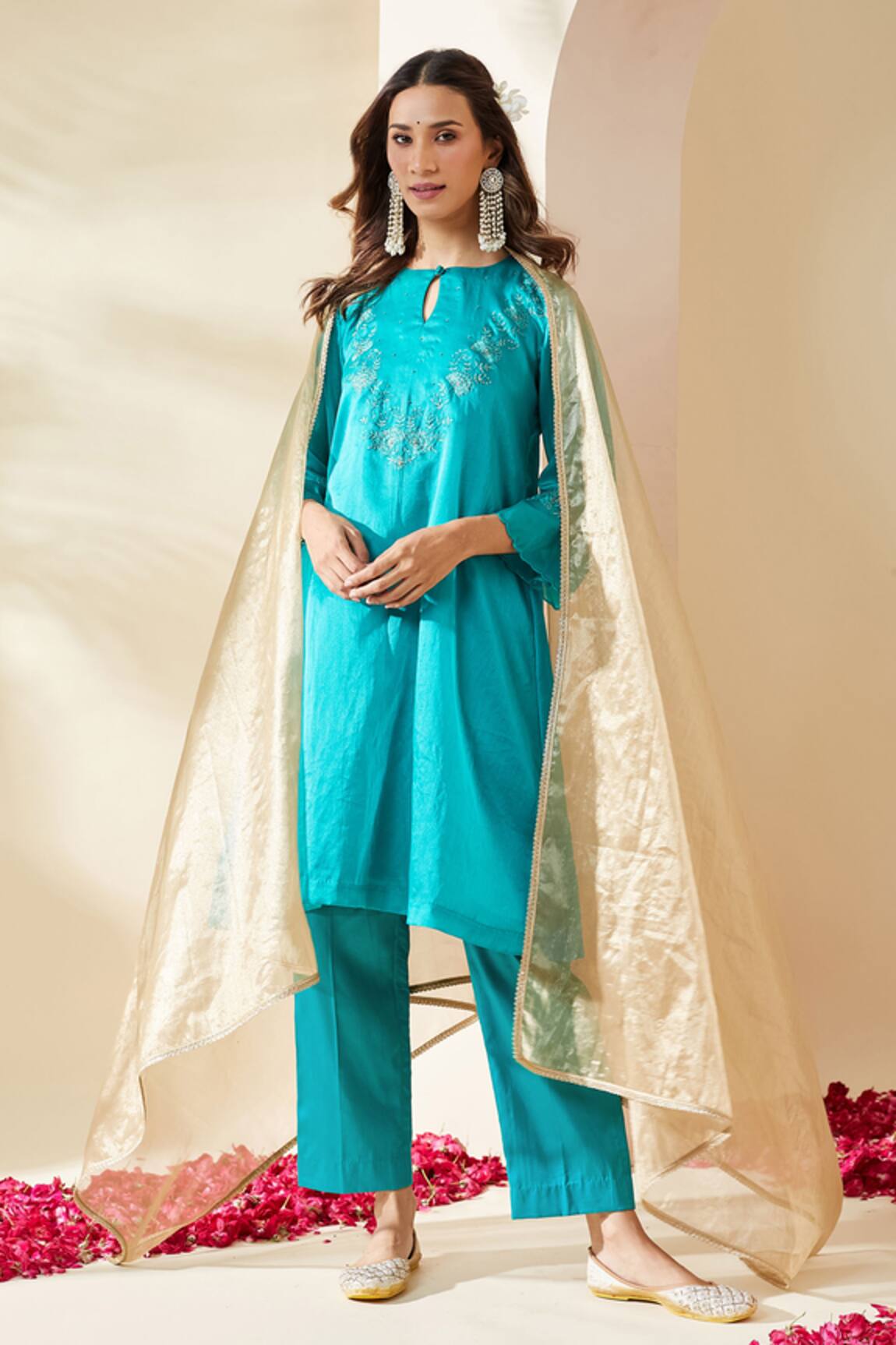 Mushio Turquoise Embroidered Organza Ruksaar Kurta Set