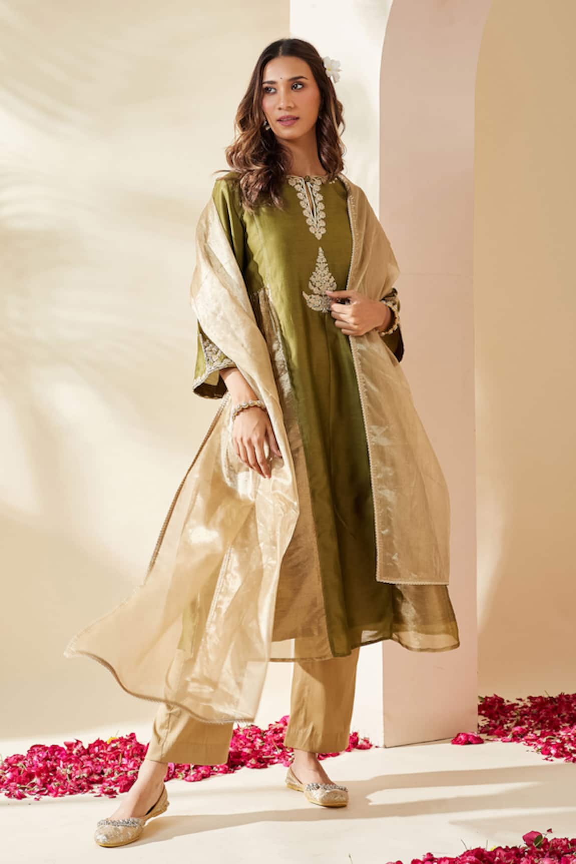 Mushio Olive Green Embroidered Chanderi Mehreen Kurta Set