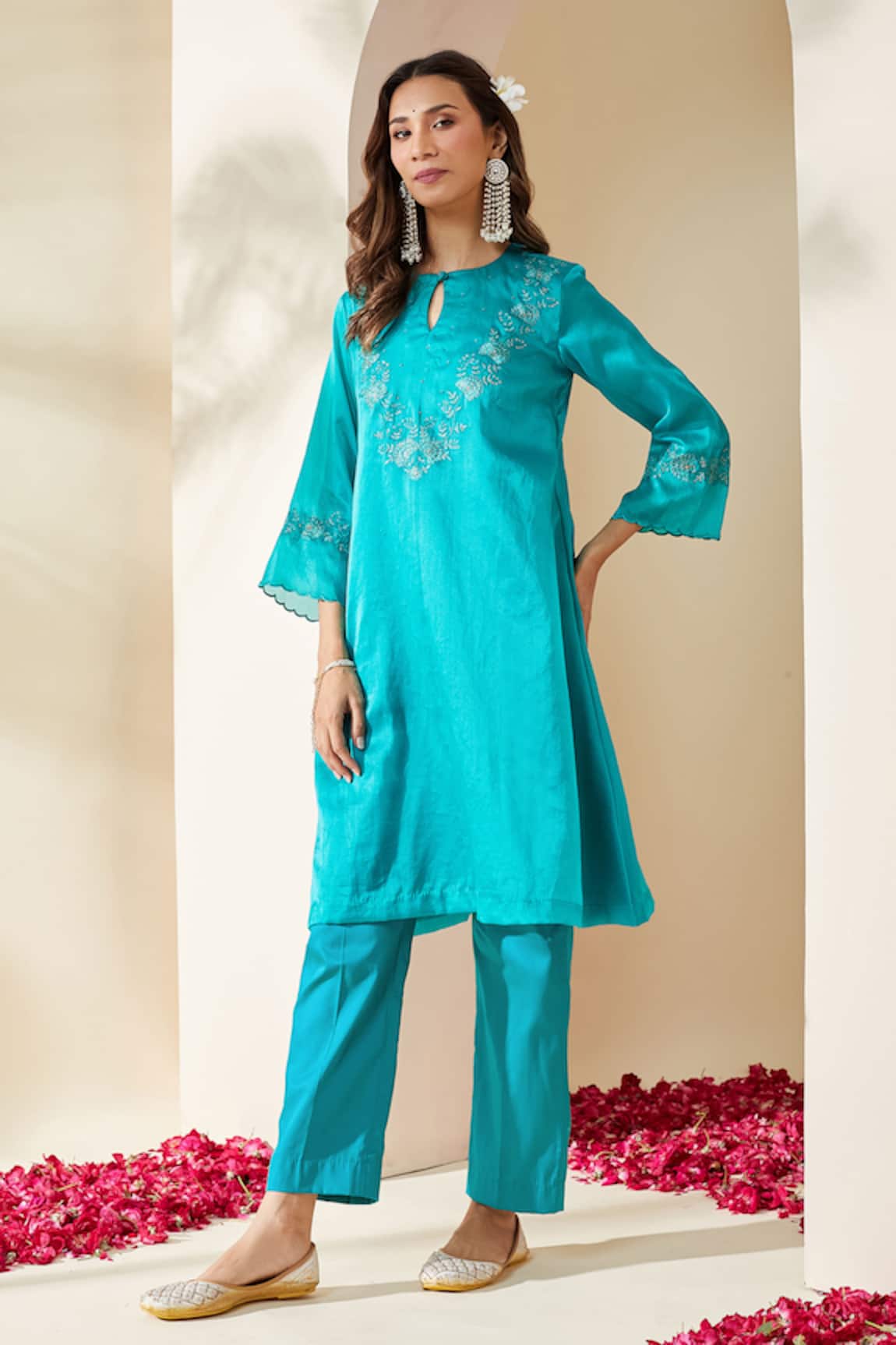 Mushio Turquoise Embroidered Organza Ruksaar Kurta & Pant Set