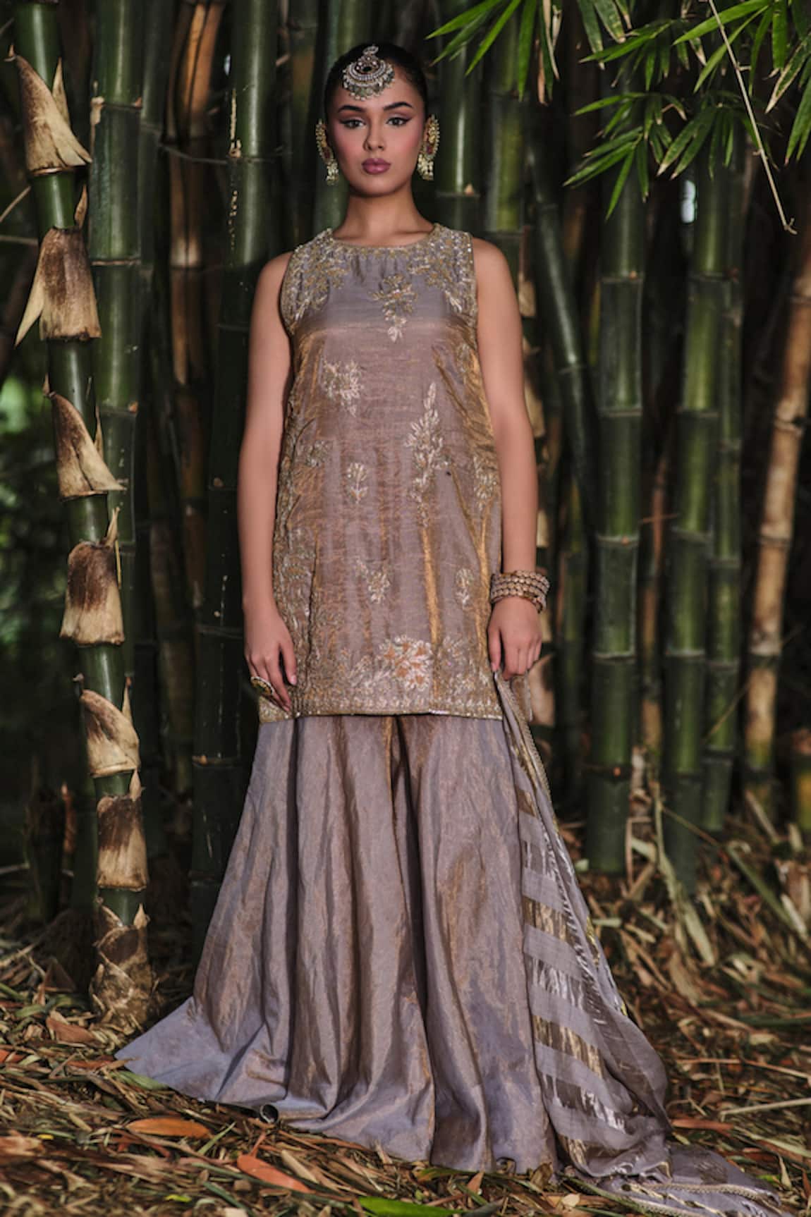 Shalkii Embroidered Tissue Kurta Gharara Set