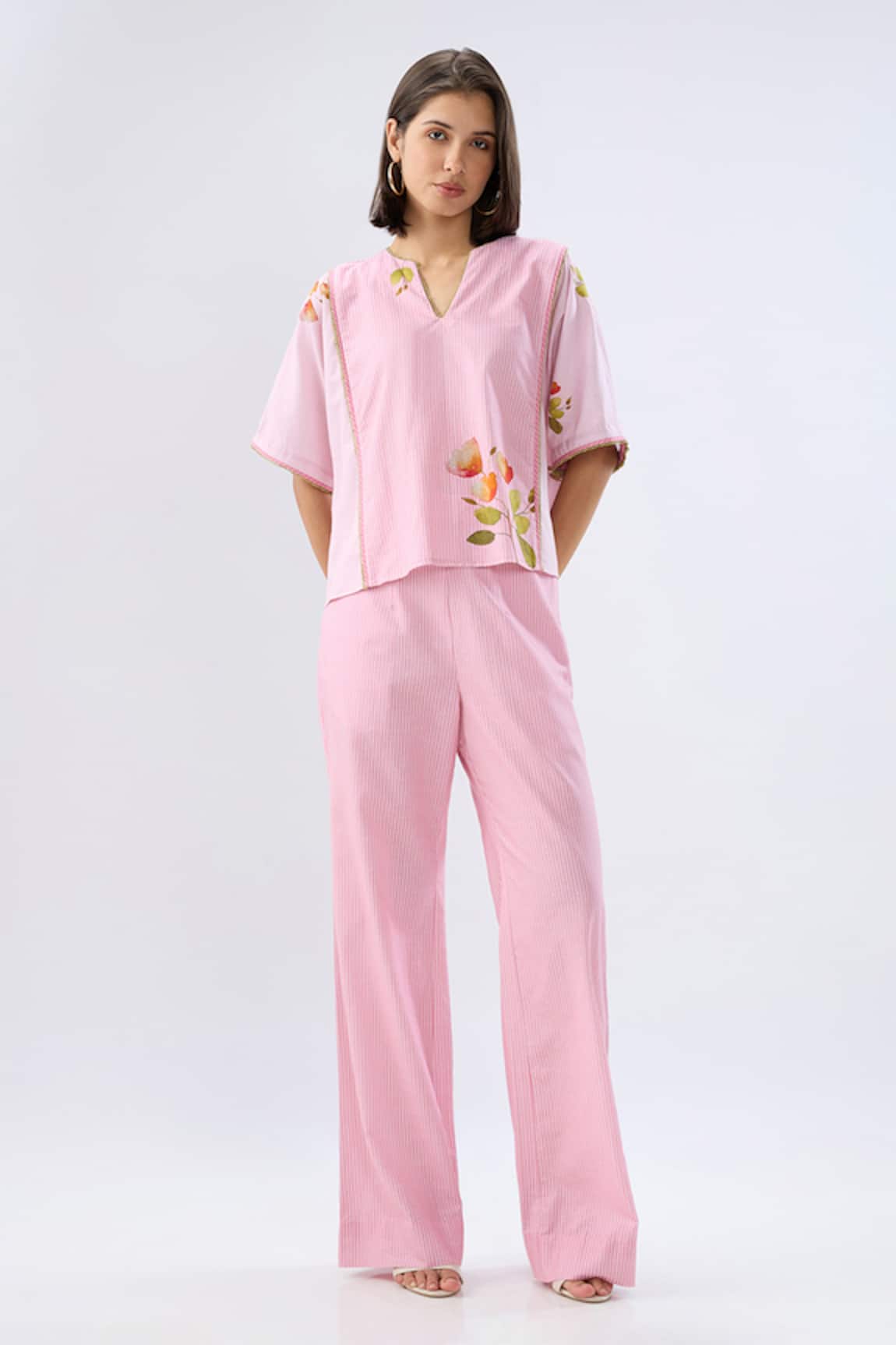 Raw & Rustic By Niti Bothra Pink Striped Floral Print Top & Pant Set 