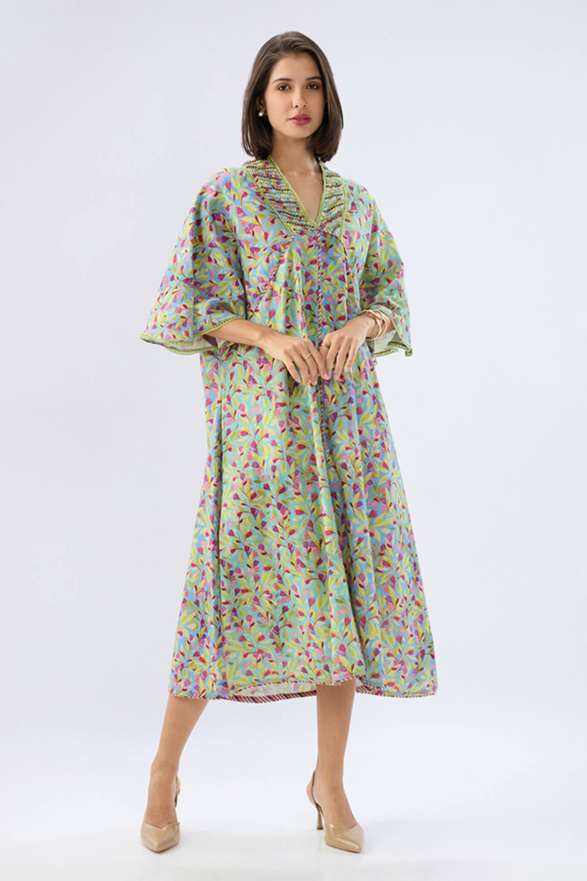 Raw & Rustic By Niti Bothra Blue Floral Print Kaftan Dress 