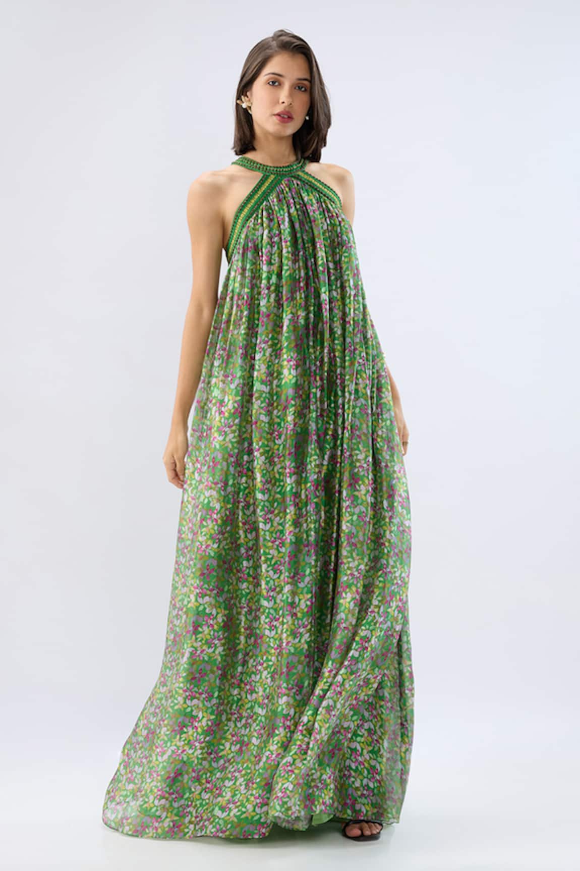 Raw & Rustic By Niti Bothra Dark Green Halter Neck Printed Dress 