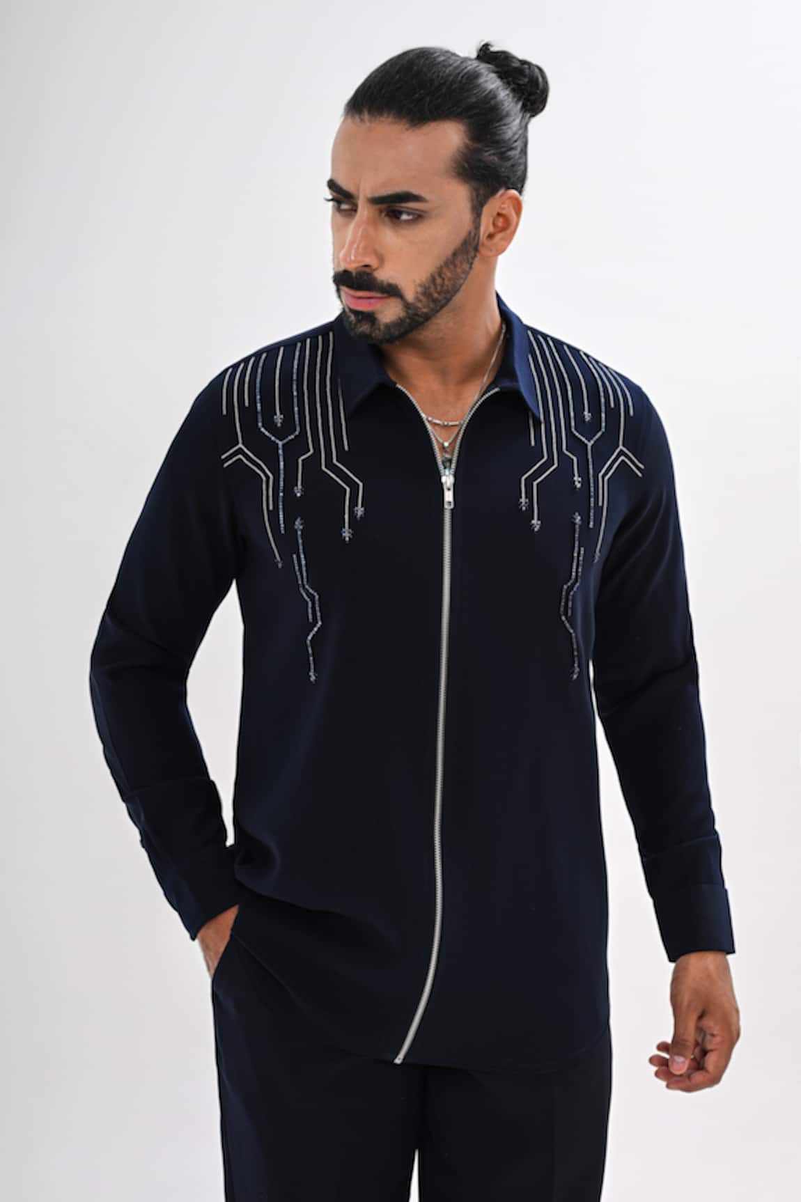 Kalpana Naik Linear Flow Hand Embroidered Zipper Shirt
