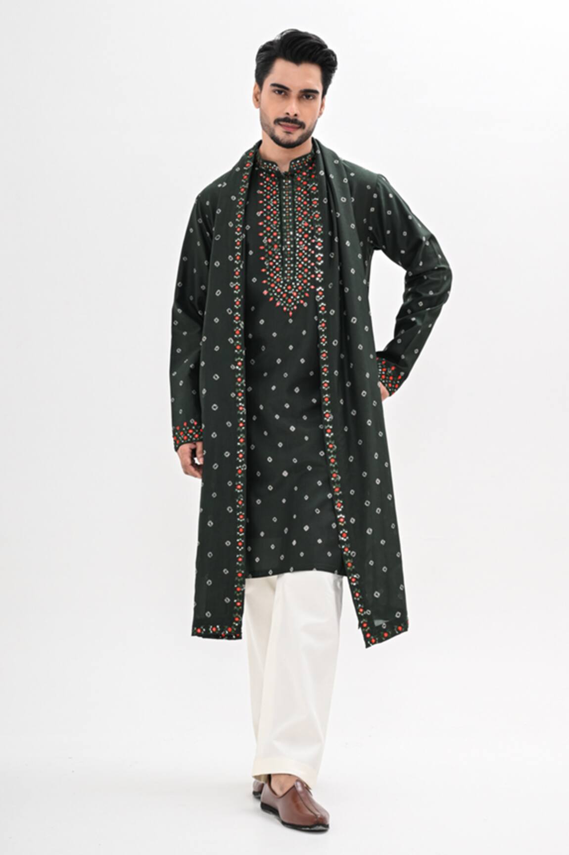 Kalpana Naik Olive Bandhani Print Embroidered Kurta Set 