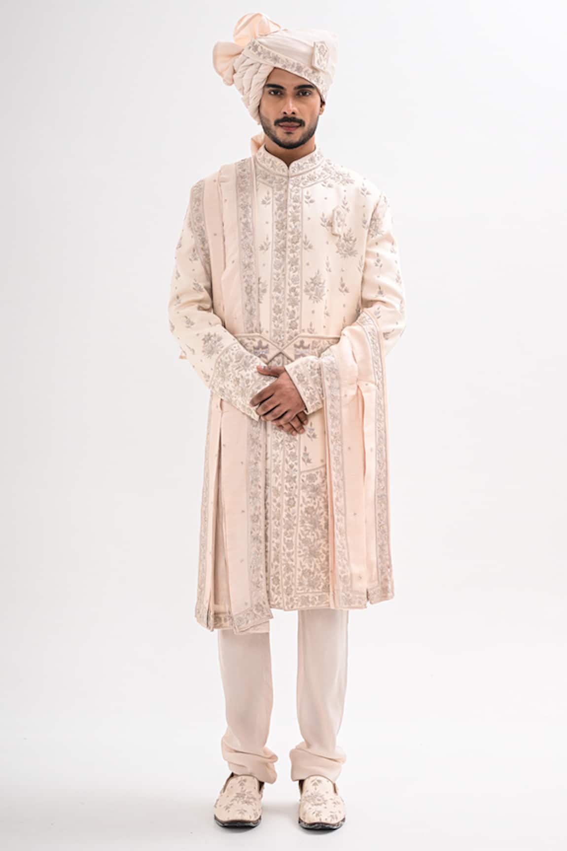 Kalpana Naik Fawn Rajwada Hand Embroidered Sherwani Set 
