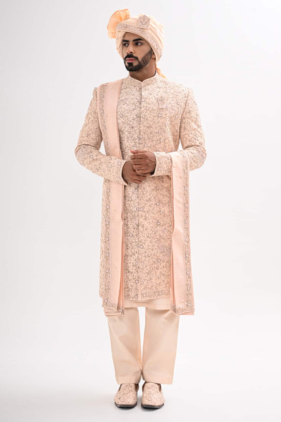 Kalpana Naik Dori Hand Embroidered Peach Sherwani Set 