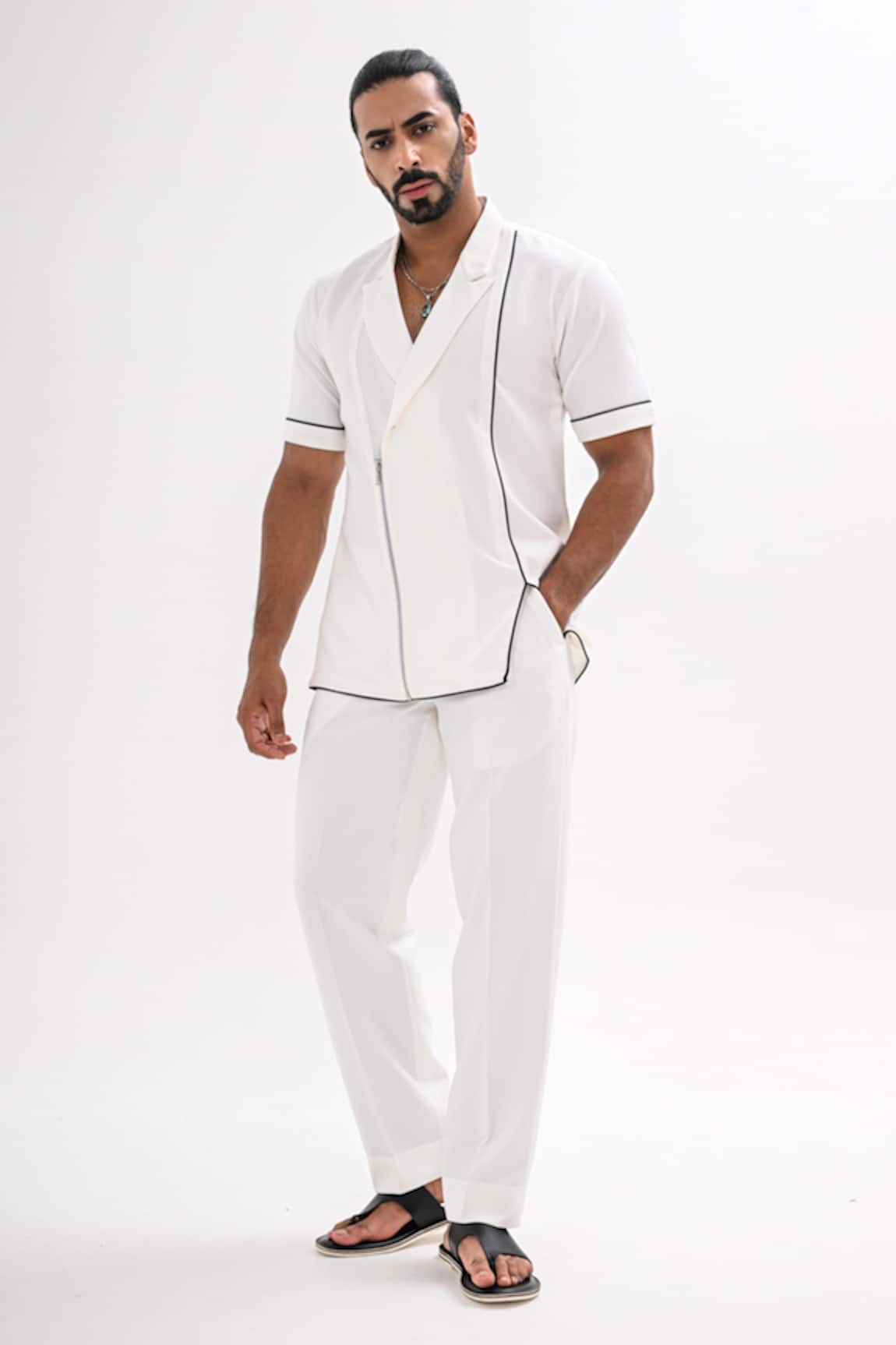 Kalpana Naik White Corded Zipper Shirt & Pant Co-ord Set 