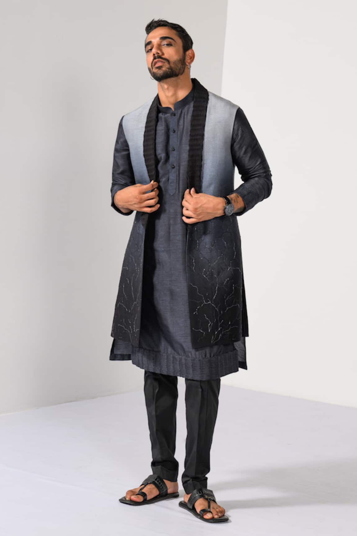 Kalpana Naik Charcoal Ombre Hand Embroidered Nehru Jacket Kurta Set 