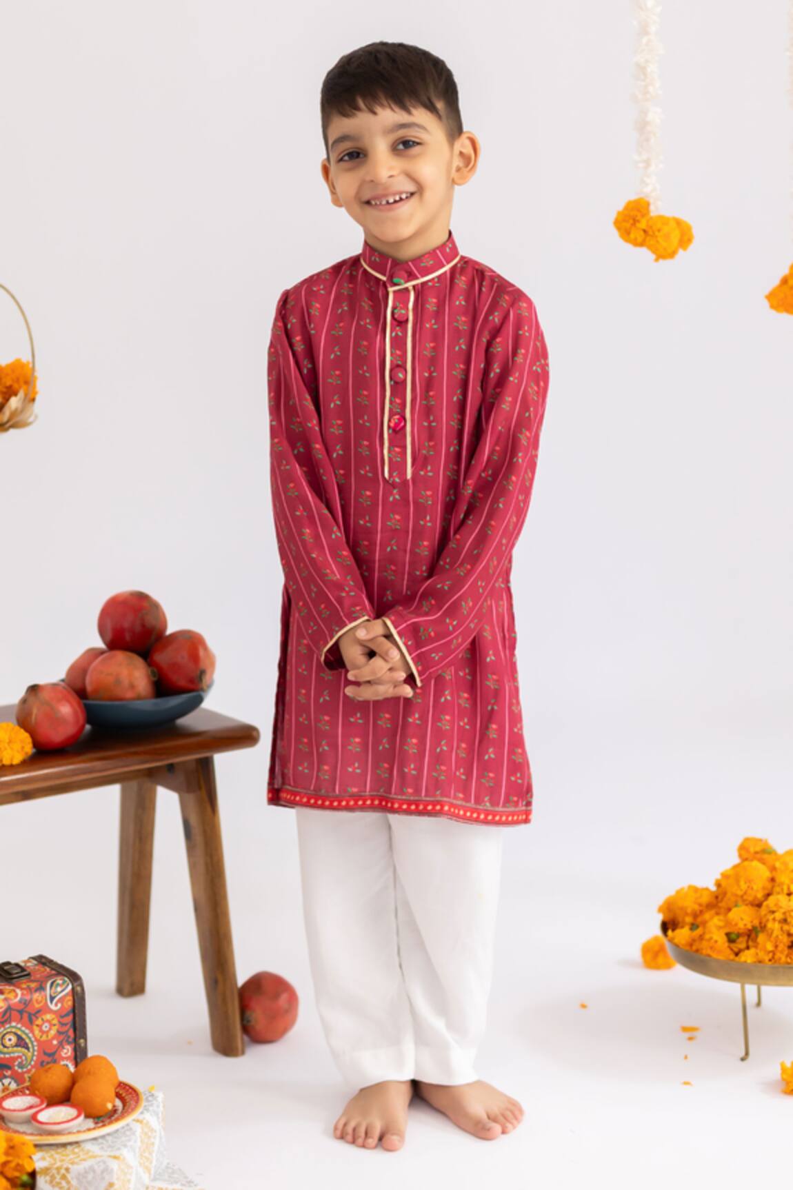 MR Brat Maroon Stripes Printed Muslin Kurta Set