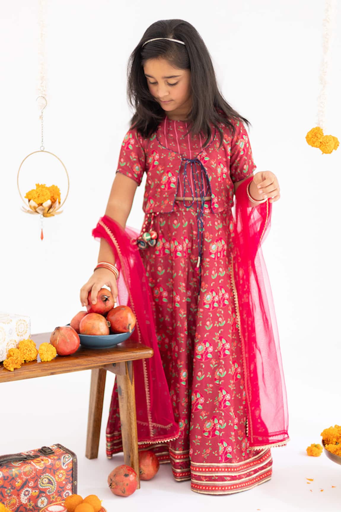 MR Brat Red Anar Jaal Printed Muslin Lehenga Set