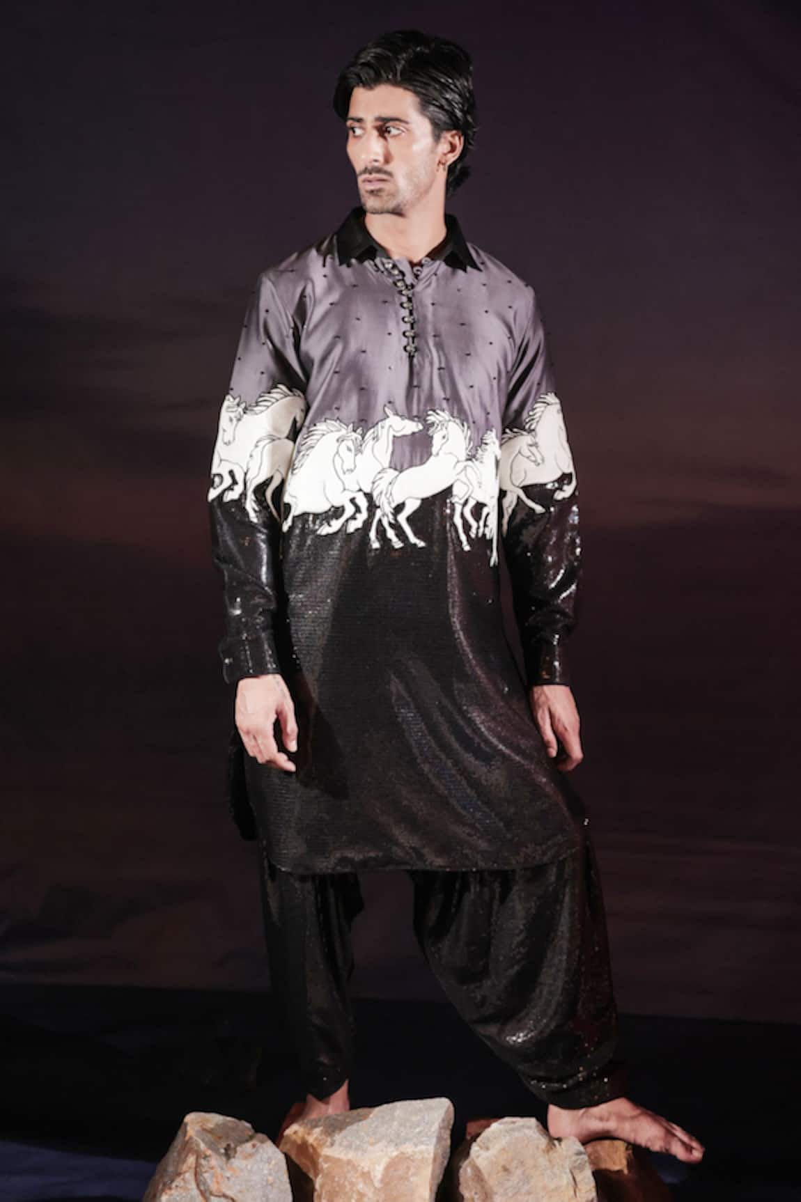 Jubinav Chadha Running Horses Quilted Patchwork Pathani Kurta Set