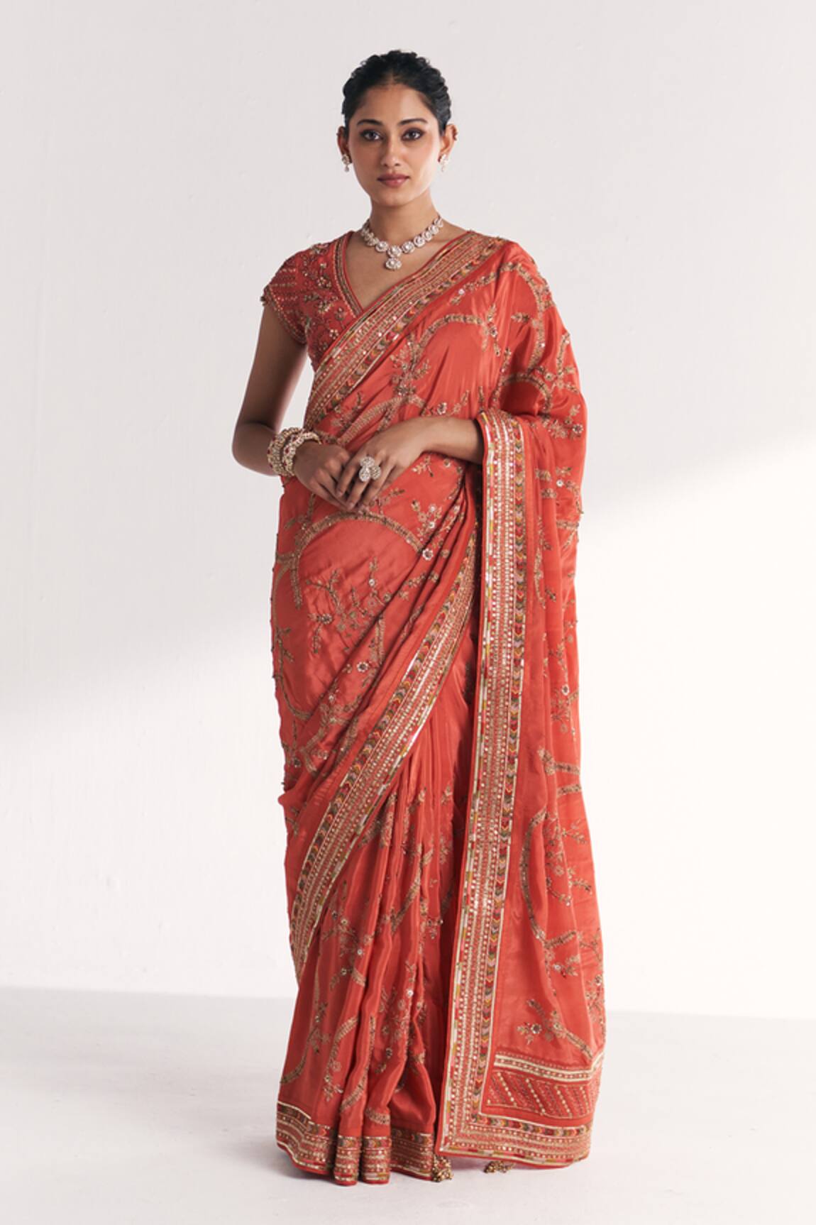Studio Bagechaa Khwab Tangerine Embroidered Saree With Blouse 